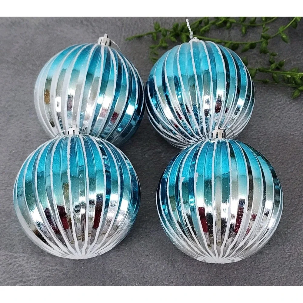 4 Blue‎ & Silver Striped Christmas Round Ball Ornaments Coastal Plastic 4